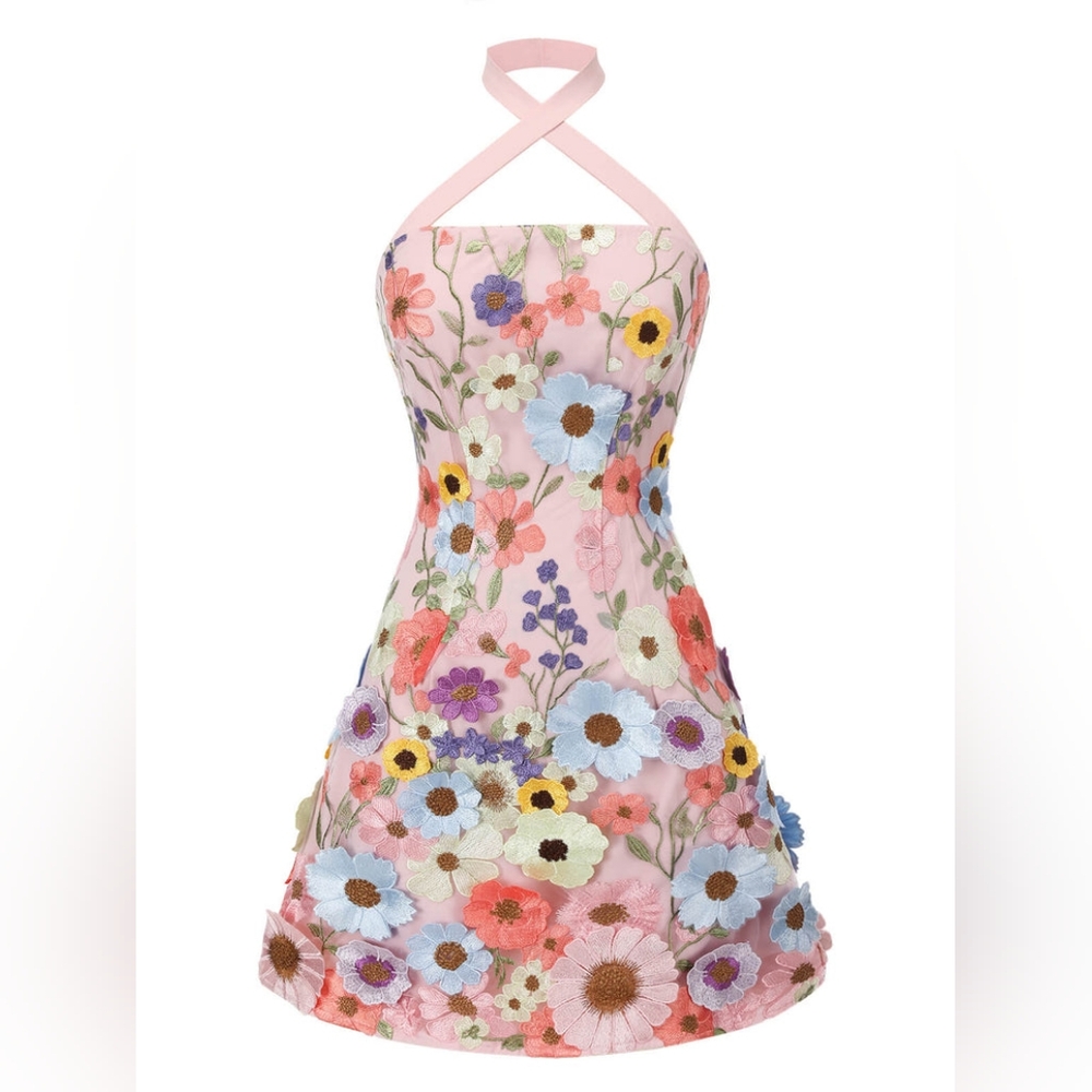 Pale Pink 1960s Halter Neck Floral Embroidery Mini Dress Retro Stage
